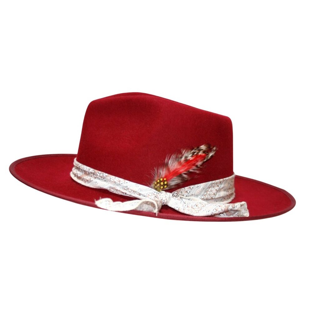 Wyeth Womens Red Wool Felt OS Hat Rancher Fedora Western Boho Cowgirl Chic - Picture 2 of 7
